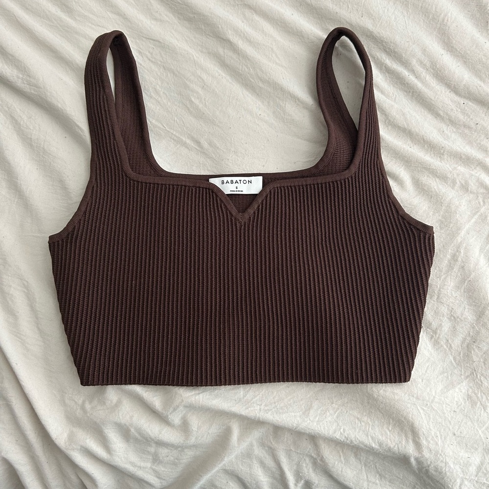Babaton Brown Sleeveless Crop Ribbed Tank Top
